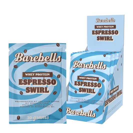 Barebells Whey Protein Espresso Swirl 30g packets shown in a retail display box and individual pack on a white background.