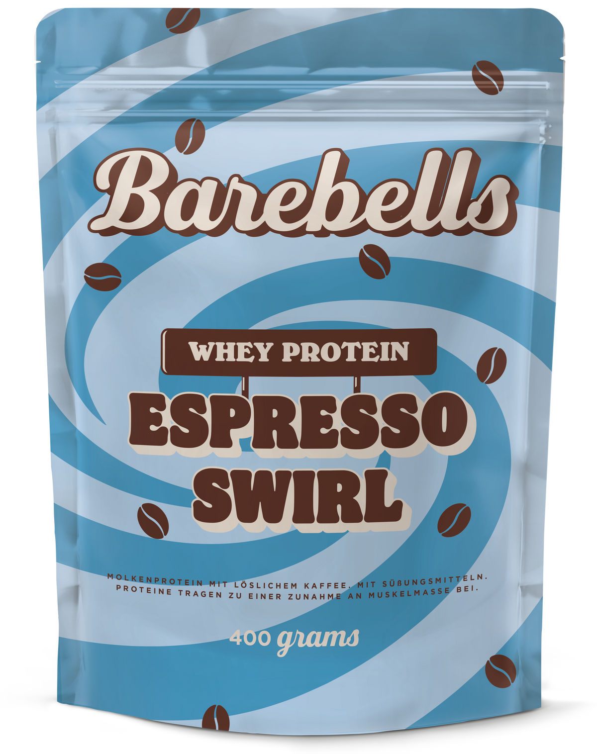 A stand-up pouch of Barebells Whey Protein Espresso Swirl, 400 grams, featuring a light blue and white swirl pattern with brown coffee bean illustrations and bold brown text.