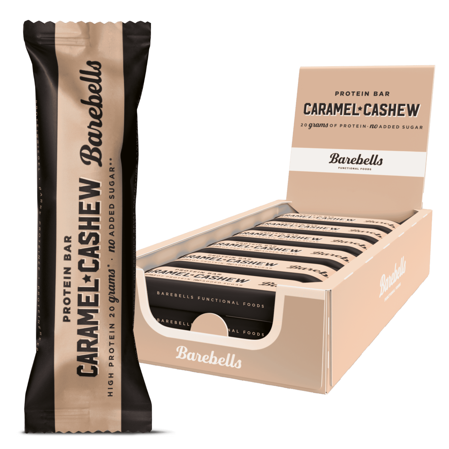 Packung und Einzelriegel von Barebells Proteinriegeln, Geschmack Karamell-Cashew.
