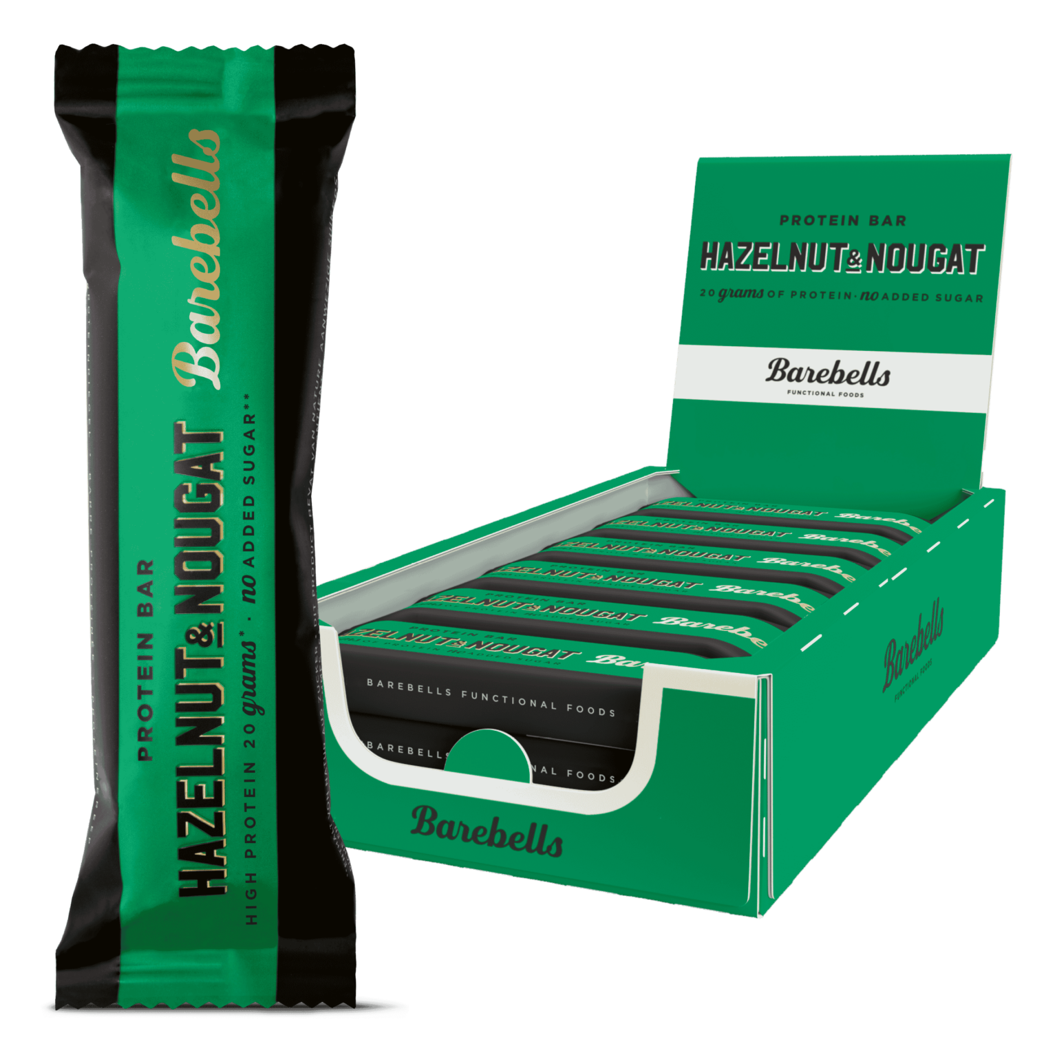 Barebells Proteinriegel "Haselnuss-Nougat" in grüner Verpackung neben offener Verkaufsbox.