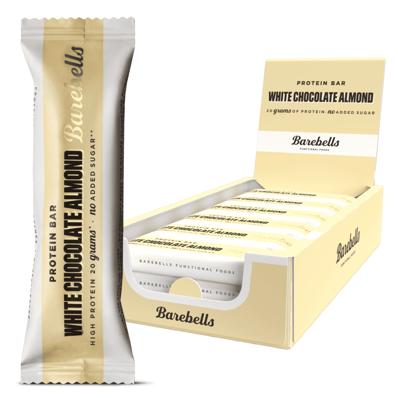 Barebells Proteinriegel in der Geschmacksrichtung Weiße Schokolade Mandel in Verpackung.