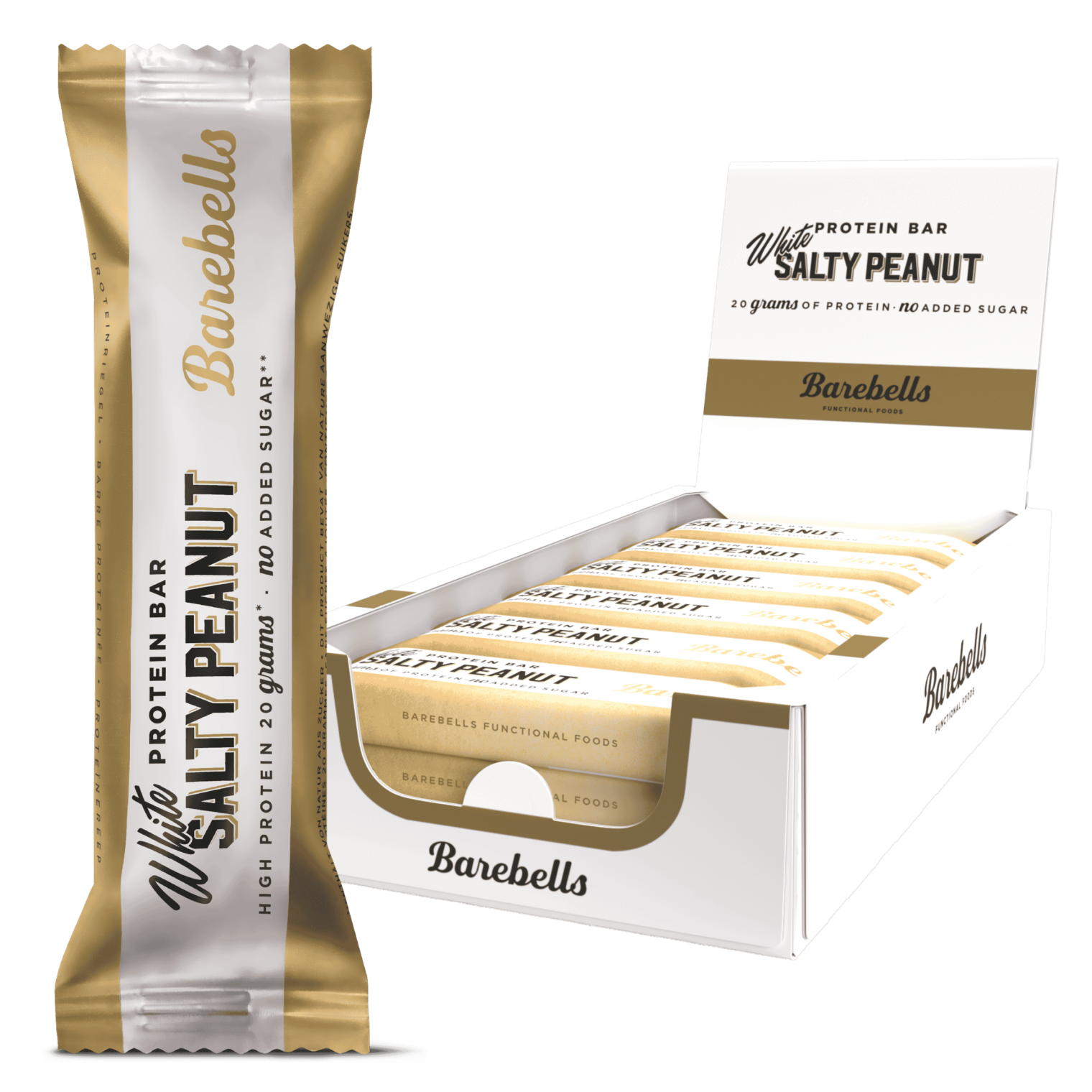 Verpackung und Box von Barebells White Protein-Riegeln, Geschmack Salty Peanut.