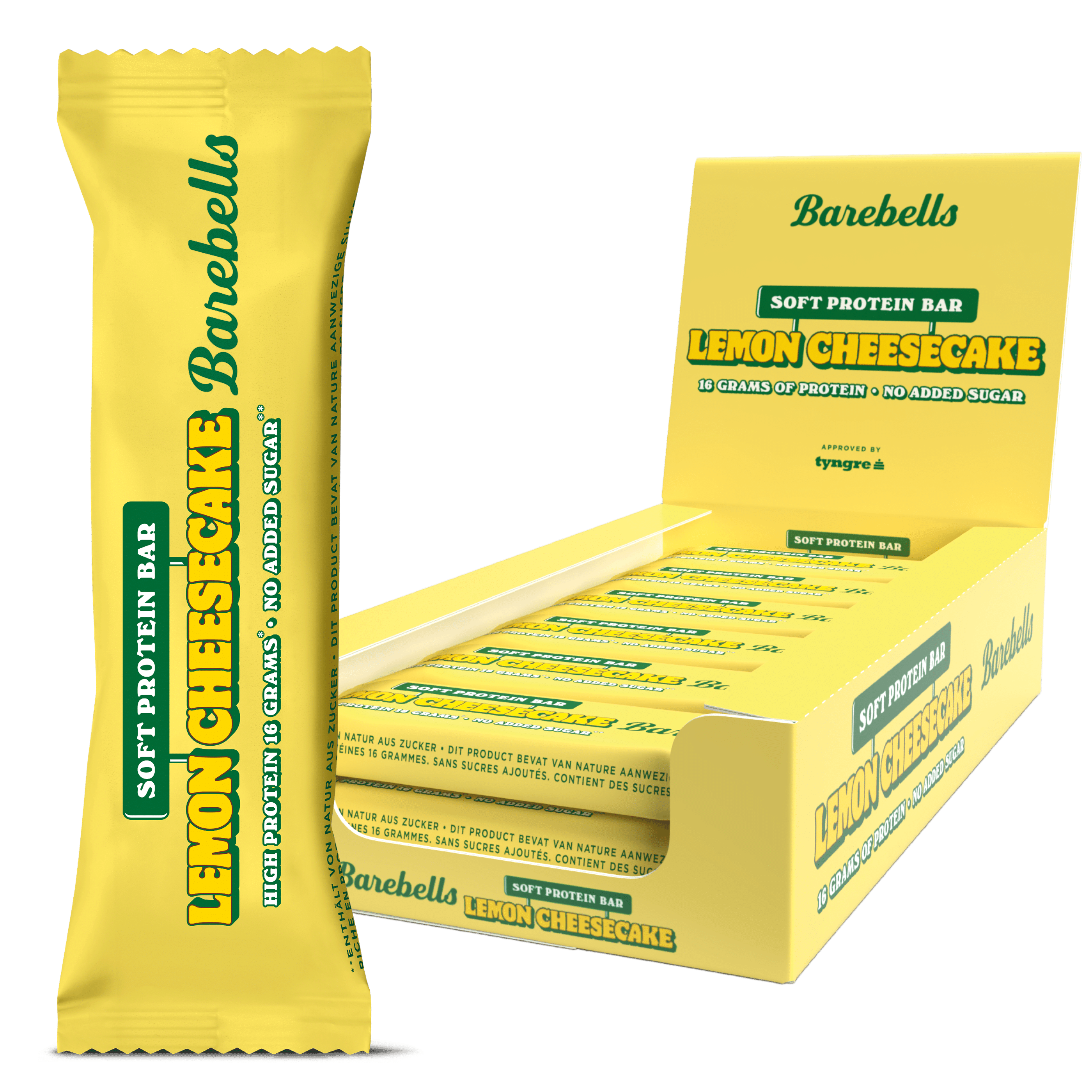 Barebells lemon cheesecake packshot with single bar